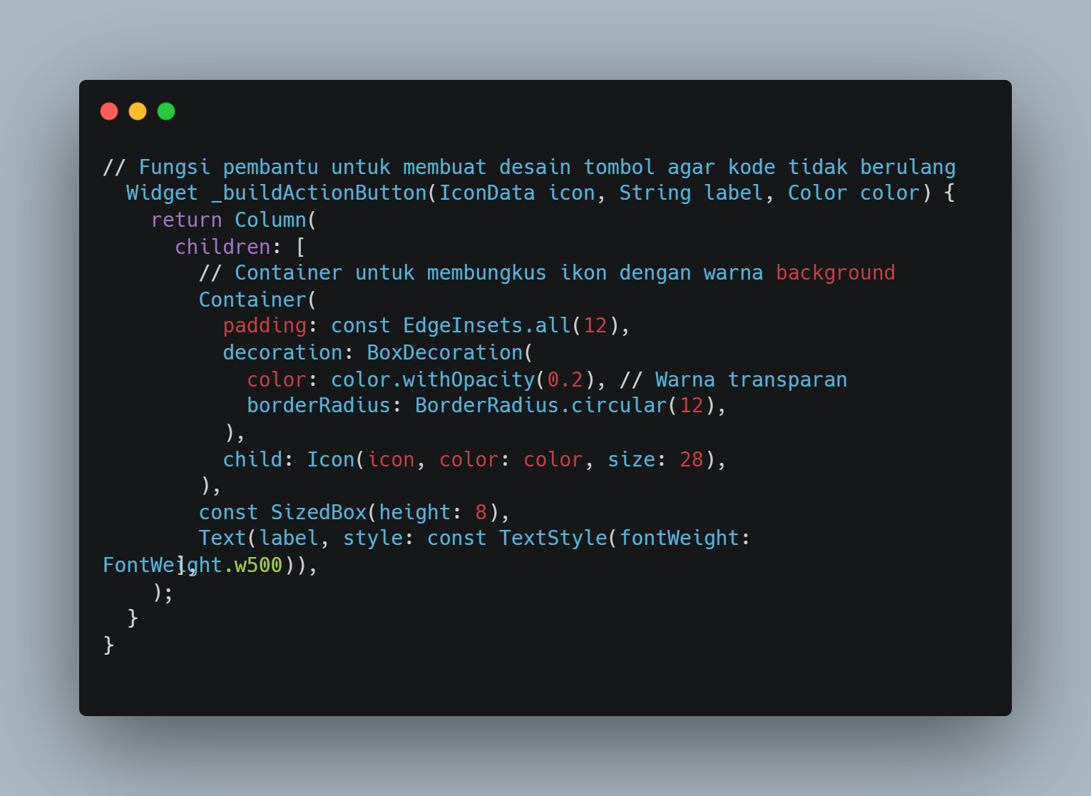 Screenshot kode fungsi pembantu _buildActionButton